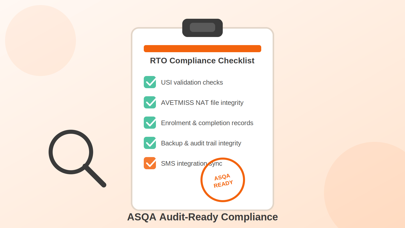 RTO compliance checklist showing USI validation, AVETMISS NAT file integrity and ASQA audit readiness